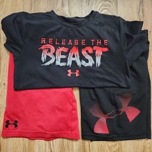 Boys Youth Small (YS) Under Armour (UA) Red and Black Short and Shirt Set